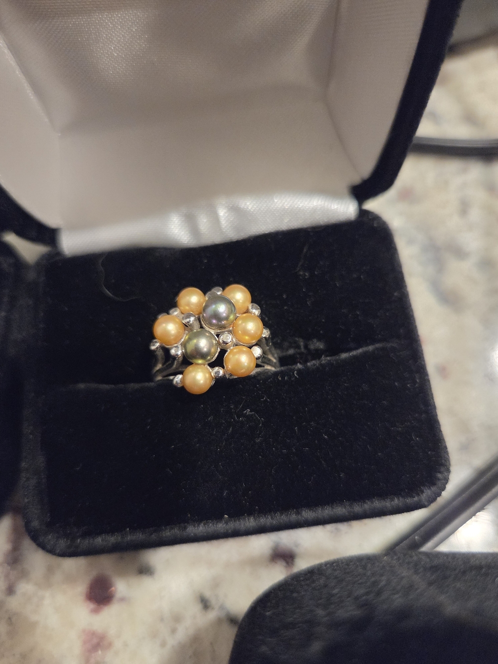 Elegant Multi-Pearl Cluster Ring in Golden and Gray Tones